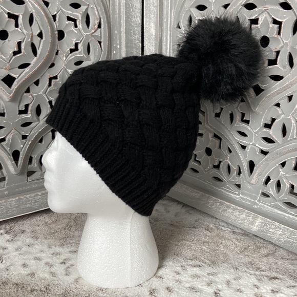 J.Crew black cable knit beanie hat with puff ball winter